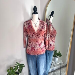 Assoluto Y2K Floral Mid Sleeve V-Neck Ruffle Trim Blouse